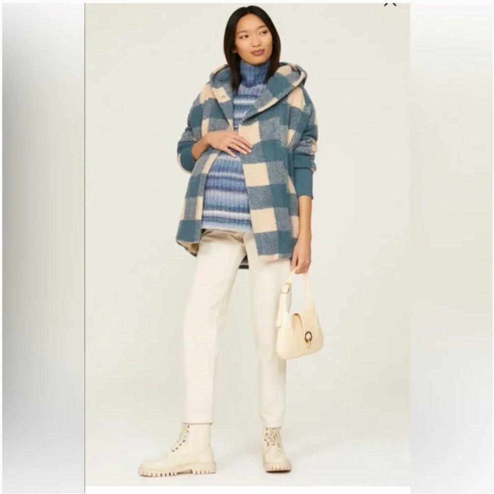Hatch Maternity Coco Jacket One Size Blue Gingham Plaid Shawl Collar Shearling